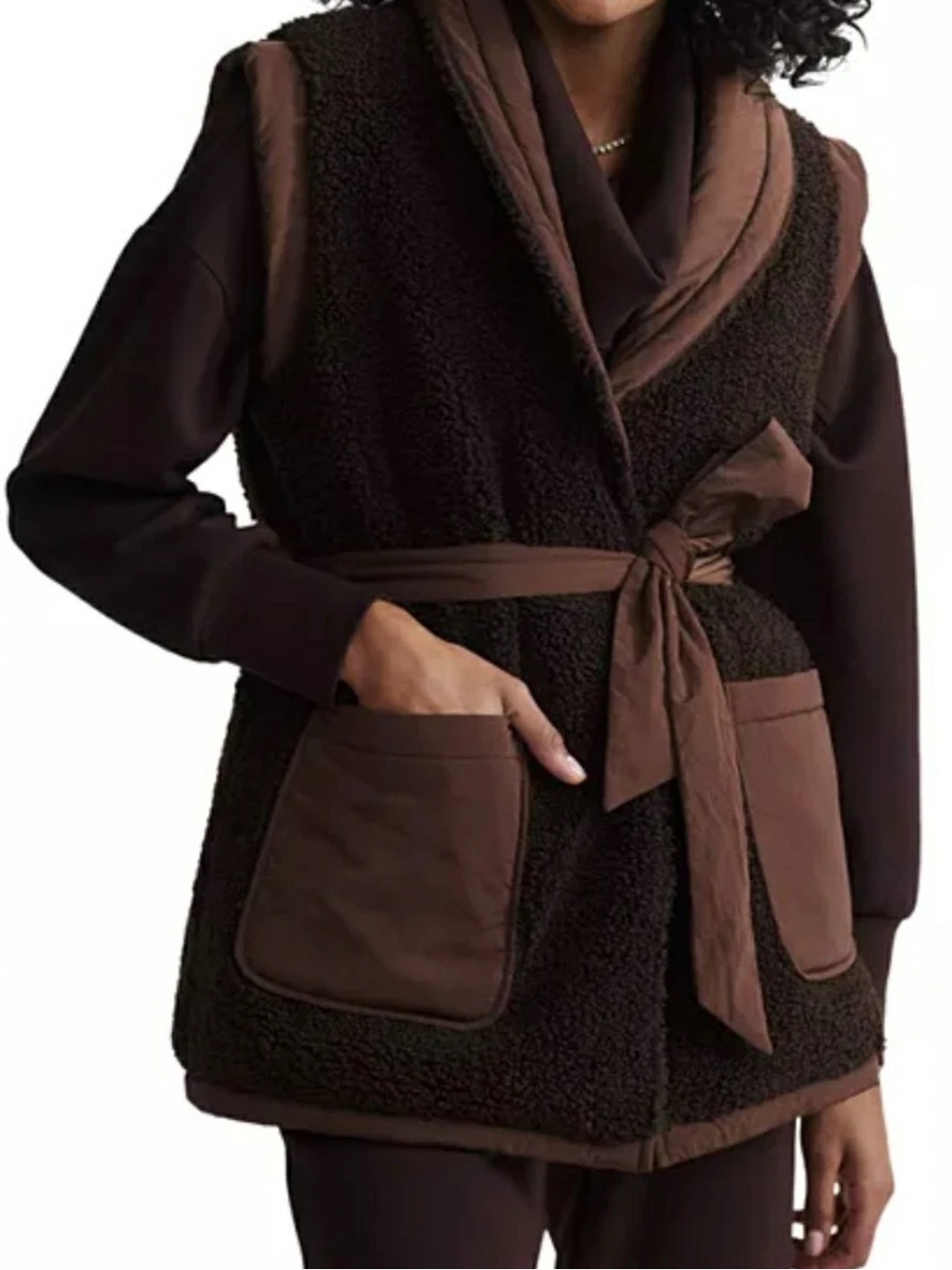 Varley Chocolate Brown Sherpa Reversible Puffer Vest with Tie Belt Sz M